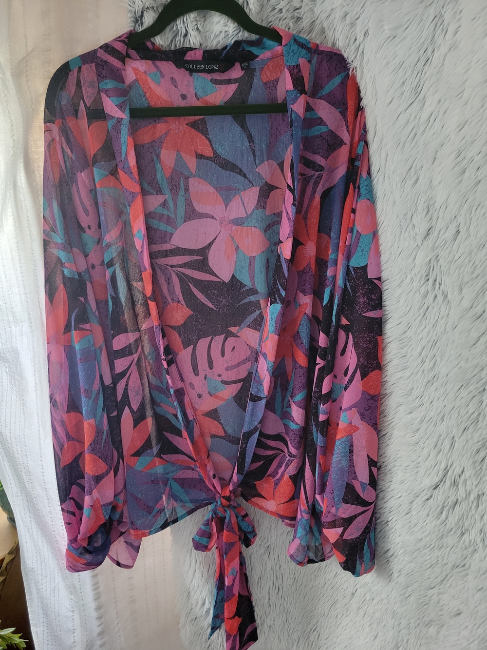 Colleen Lopez Tropical Tie Front Kimono Topper Black, Aqua, Pink, Coral